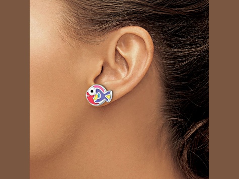 Rhodium Over Sterling Silver Multi-color Enameled Fish Post Earrings