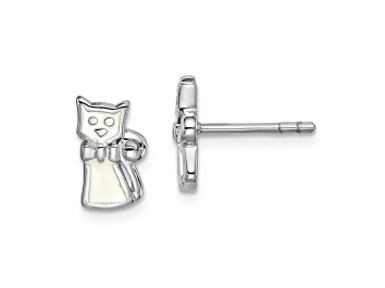 Picture of Rhodium Over Sterling Silver White Enamel Cat Children's Post Earrings