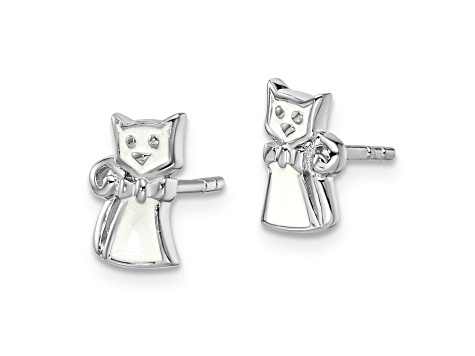 Rhodium Over Sterling Silver White Enamel Cat Children's Post Earrings