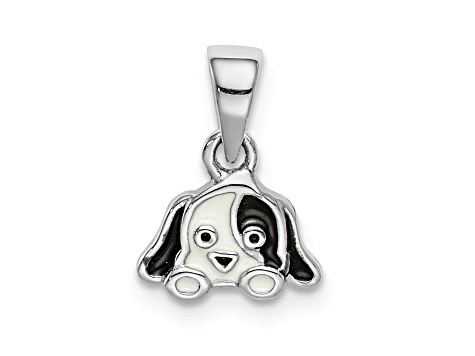 Rhodium Over Sterling Silver Black/White Enameled Puppy Children's Pendant