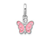 Rhodium Over Sterling Silver Pink Enameled Butterfly Children's Pendant