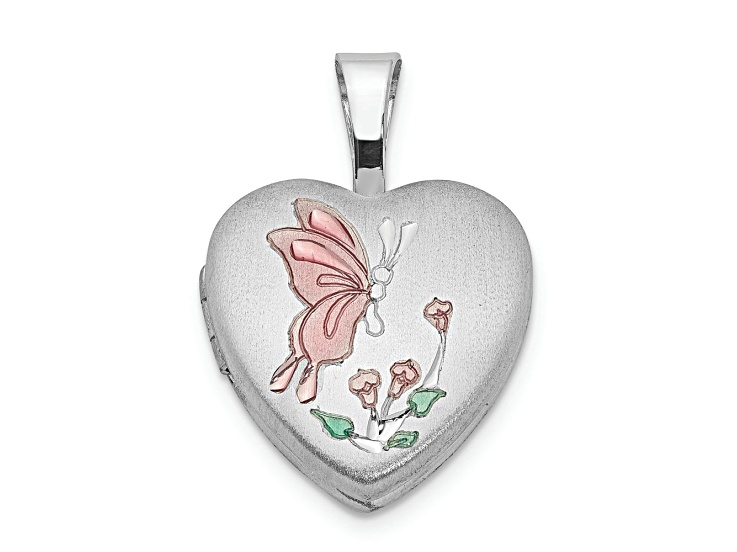 Rhodium Over Sterling Silver Enamel Butterfly Flowers 12mm Heart Locket Pendant
