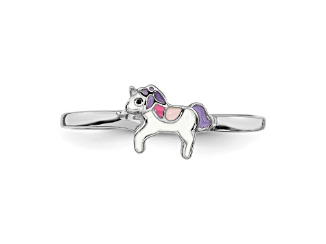 Rhodium Over Sterling Silver Multi-color Enameled Unicorn Children's Ring