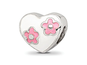 Sterling Silver Enameled Heart with Pink Flowers Bead