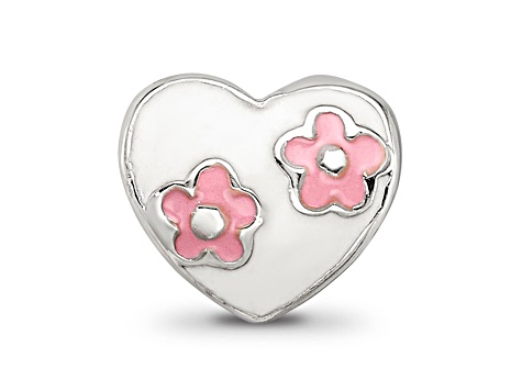 Sterling Silver Enameled Heart with Pink Flowers Bead