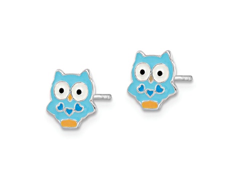 Rhodium Over Sterling Silver Enamel Blue Owl Children's Post Earrings