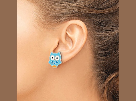 Rhodium Over Sterling Silver Enamel Blue Owl Children's Post Earrings