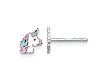 Picture of Rhodium Over Sterling Silver Enamel Unicorn Children's Post Earrings