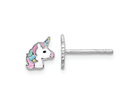 Rhodium Over Sterling Silver Enamel Unicorn Children's Post Earrings