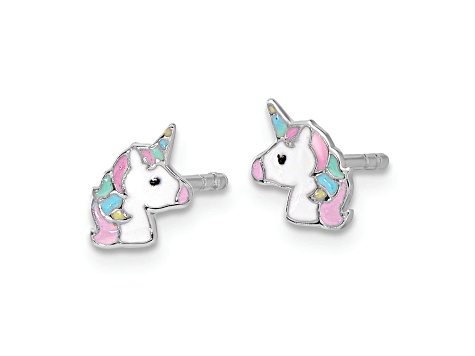 Rhodium Over Sterling Silver Enamel Unicorn Children's Post Earrings