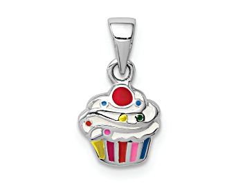 Picture of Rhodium Over Sterling Silver Multi-color Enameled Cupcake Children's Pendant