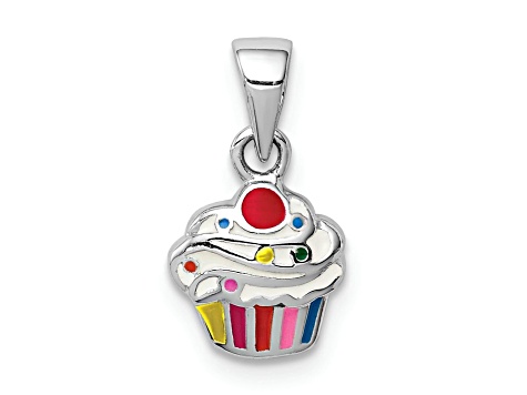 Rhodium Over Sterling Silver Multi-color Enameled Cupcake Children's Pendant
