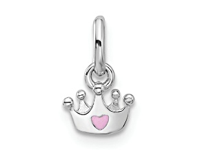Rhodium Over Sterling Silver Pink Enameled Heart Crown Children's Pendant
