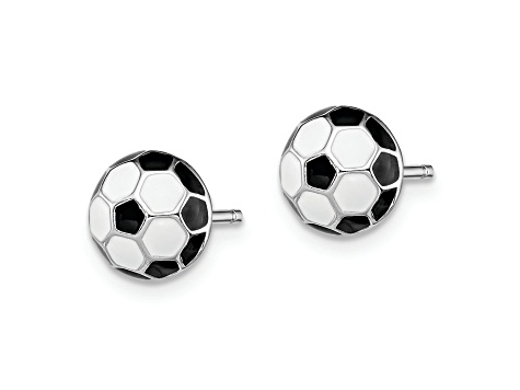 Rhodium Over Sterling Silver Enamel Soccer Ball Post Earrings