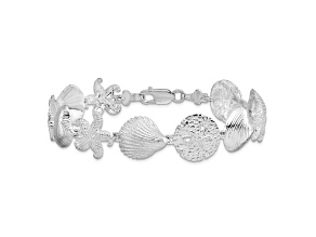 Rhodium Over Sterling Silver Polished Turtle, Shell, Starfish, Clam Bracelet