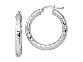 Rhodium Over Sterling Silver 4.00mm Diamond-cut Hoop Earrings