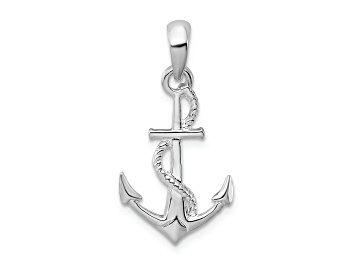 Picture of Rhodium Over Sterling Silver Polished and Textured 3D Anchor with Rope Pendant