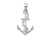 Rhodium Over Sterling Silver Polished and Textured 3D Anchor with Rope Pendant