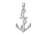Rhodium Over Sterling Silver Polished and Textured 3D Anchor with Rope Pendant