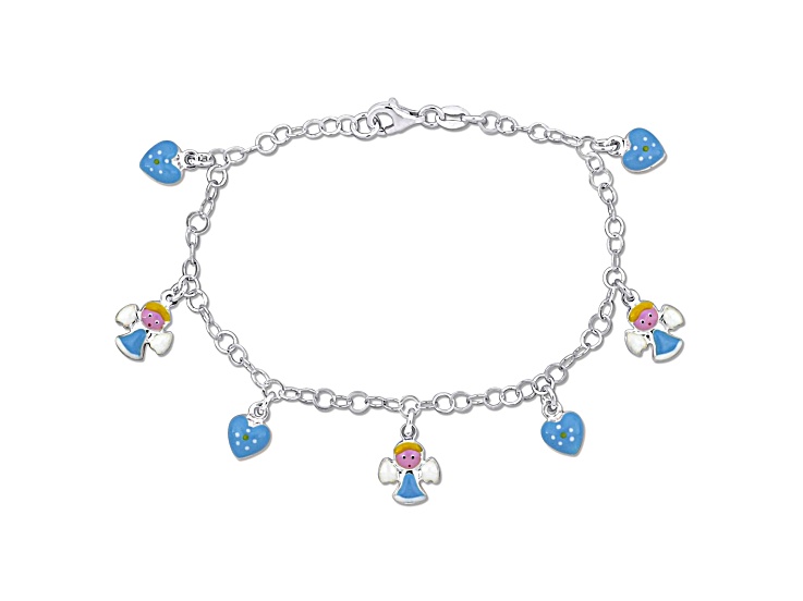 Children's Blue Enamel Heart and Angel Charm Bracelet in Sterling Silver