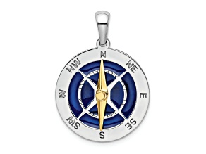 Rhodium Over Sterling Silver Enamel Compass with 14k Yellow Gold Moving Needle Pendant