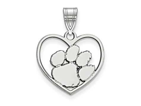 Rhodium Over Sterling Silver LogoArt Clemson University Heart Pendant