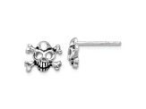 Rhodium Over Sterling Silver Antiqued Skull and Crossbones Post Earrings