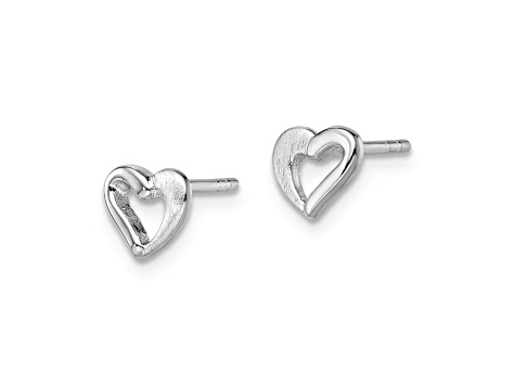 Rhodium Over Sterling Silver Polished and Brushed Open Heart Post Earrings