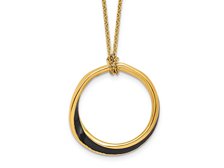 18K Yellow Gold Over Sterling Silver Black Enameled Circle Pendant Cable Link 15 Inch Necklace