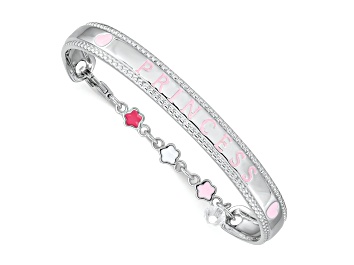 Picture of Rhodium Over Sterling Silver Enamel and Crystal PRINCESS with Chain Baby Bangle