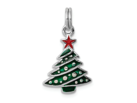 Rhodium Over Sterling Silver Enamel Christmas Tree Charm