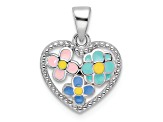 Rhodium Over Sterling Silver Enameled Floral Heart Children's Pendant