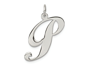 Rhodium Over Sterling Silver Fancy Script Letter P Initial Charm