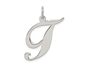 Rhodium Over Sterling Silver Fancy Script Letter T Initial Charm