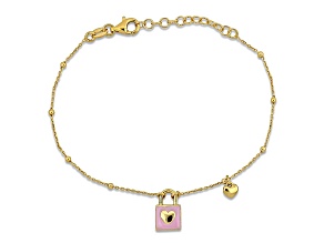 Children's Lock and Heart Pink Enamel Chain Bracelet 18K Yellow Gold Over Sterling Silver