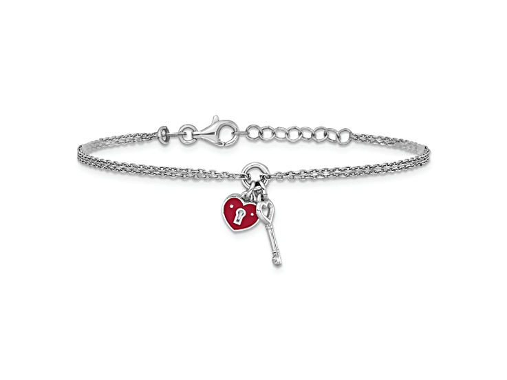 Rhodium Over Sterling Silver 2 Strand Enamel Heart Lock Key with 0.75 Inch Extension Bracelet