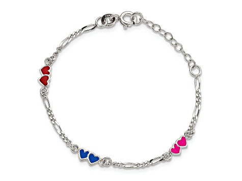 Sterling Silver Enameled Double Heart with 1-inch Extensions Children's Bracelet