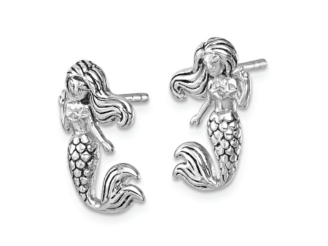 Rhodium Over Sterling Silver Antiqued Mermaid Earrings