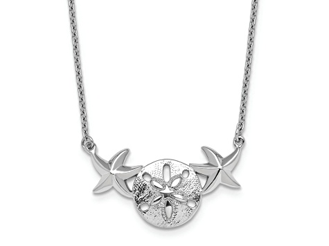 Rhodium Over Sterling Silver Sand Dollar and Starfish 16.5 Inch with 2 Inch Extension Necklace