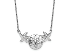 Rhodium Over Sterling Silver Sand Dollar and Starfish 16.5 Inch with 2 Inch Extension Necklace