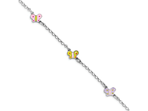 Rhodium Over Sterling Silver Multi-color Enamel Butterflies Kid's Bracelet