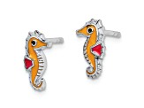 Rhodium Over Sterling Silver Childs Enamel Seahorse Post Earrings