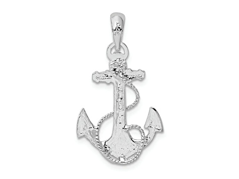 Rhodium Over Sterling Silver Polished and Textured Anchor with Rope Pendant