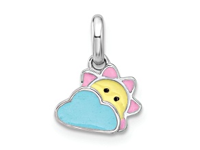 Rhodium Over Sterling Silver Enameled Sun and Cloud Children's Pendant
