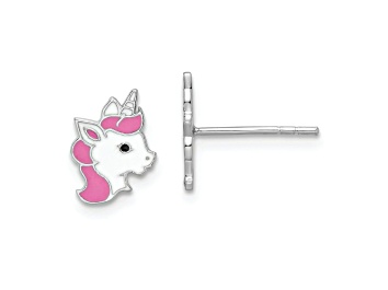 Picture of Rhodium Over Sterling Silver Enamel Unicorn Post Earrings