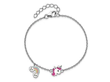 Picture of Rhodium Over Sterling Silver Enamel Unicorn and Rainbow with 1-inch Extension Children's Bracelet