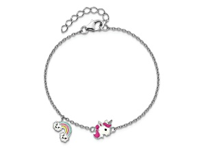 Rhodium Over Sterling Silver Enamel Unicorn and Rainbow with 1-inch Extension Children's Bracelet