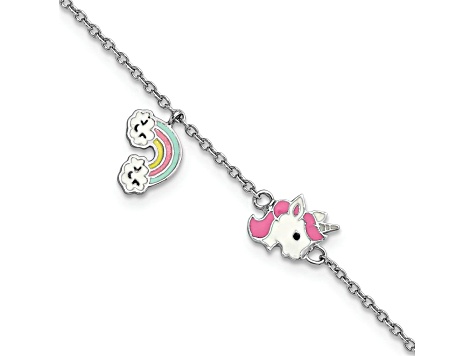 Rhodium Over Sterling Silver Enamel Unicorn and Rainbow with 1-inch Extension Children's Bracelet