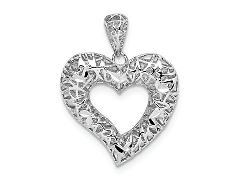 Rhodium Over Sterling Silver Polished and Diamond-cut Heart Pendant