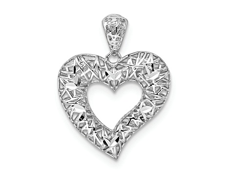 Rhodium Over Sterling Silver Polished and Diamond-cut Heart Pendant